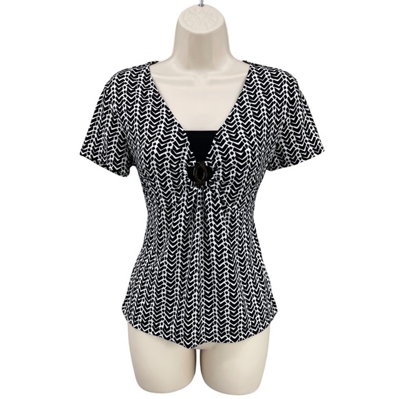 East 5th Blouse Babydoll Statement Career Office Geometric Retro Stretch Size PS - Picture 1 of 9